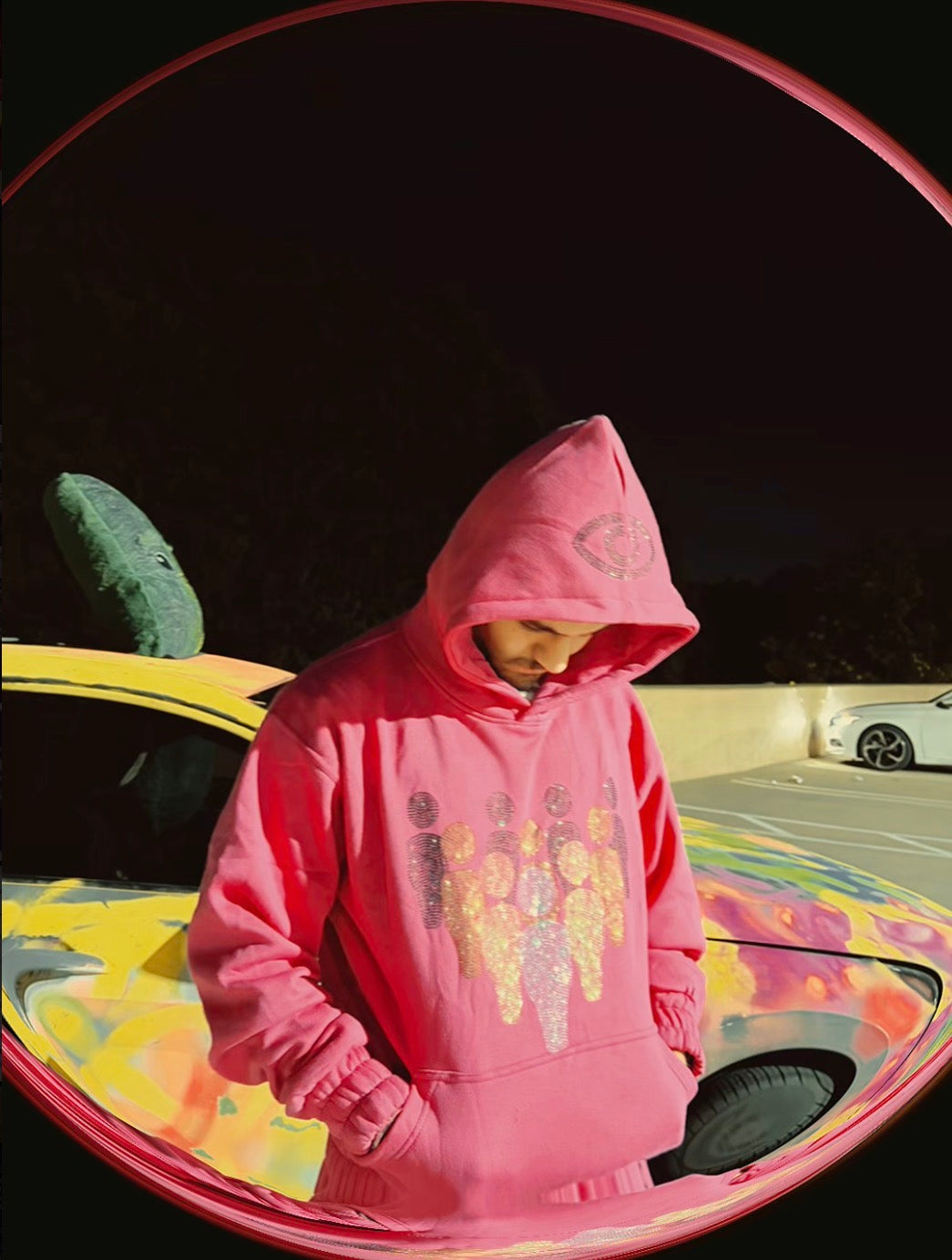 Heavyweight pink hoodie and sweatpants set with rhinestone accents – Watch Your Surroundings