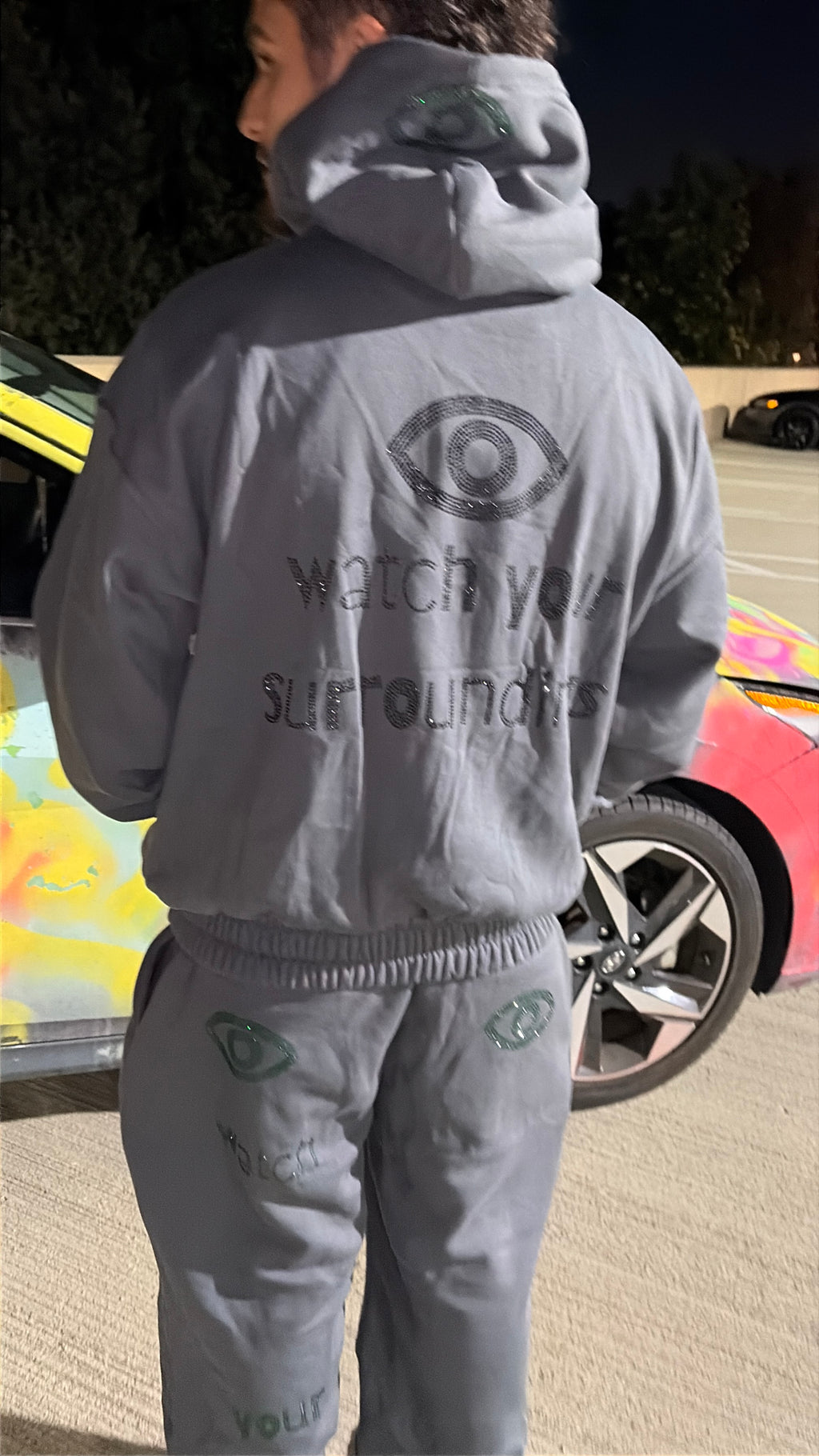 Gray Sweatpants – Watch Your Surroundings Rhinestone Sweatpants