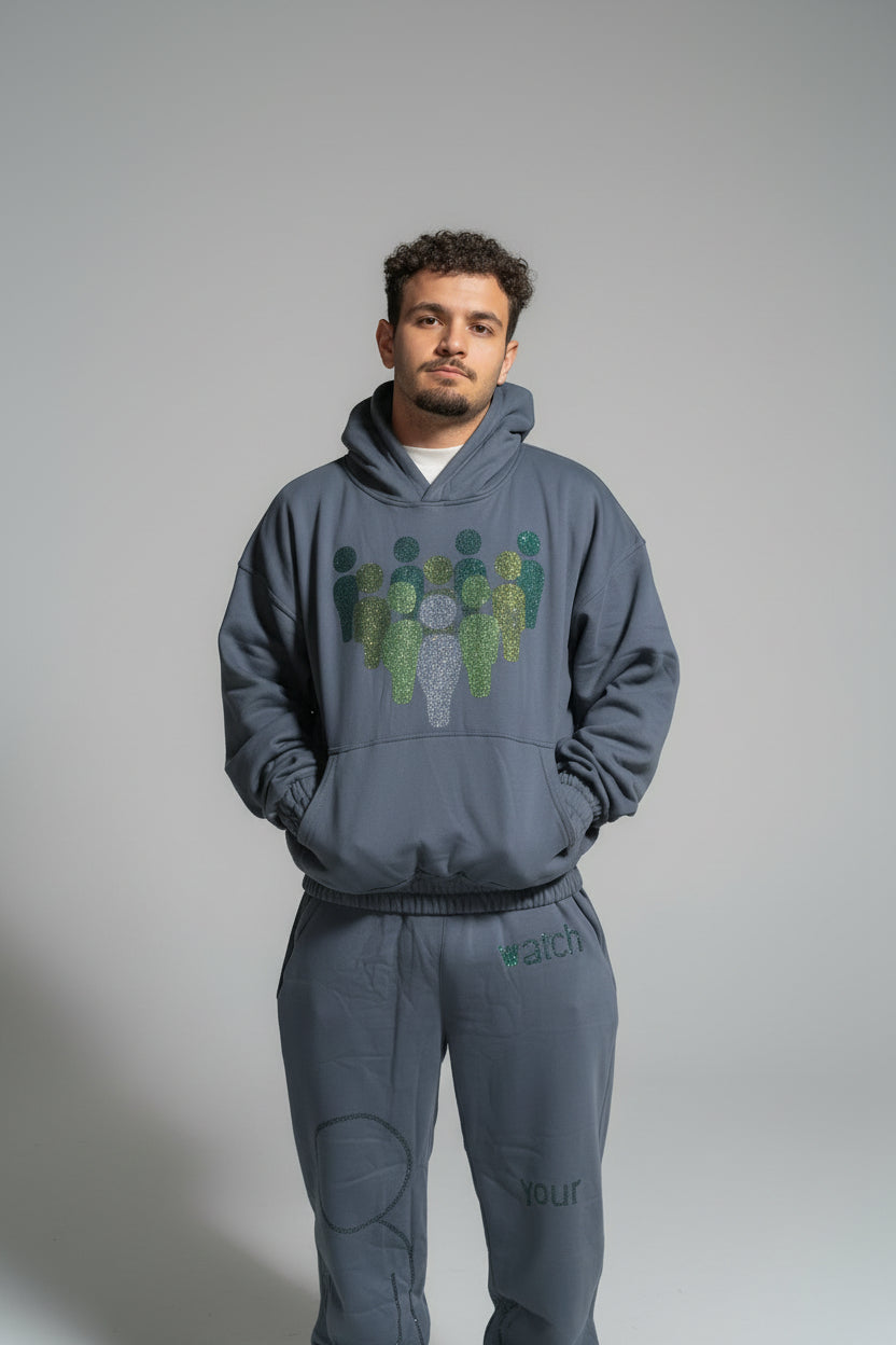 Gray unisex sweat set with rhinestone details – Watch Your Surroundings streetwear"