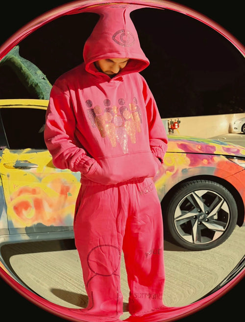 Watch Your Surroundings pink rhinestone sweatsuit – unisex street style matching set