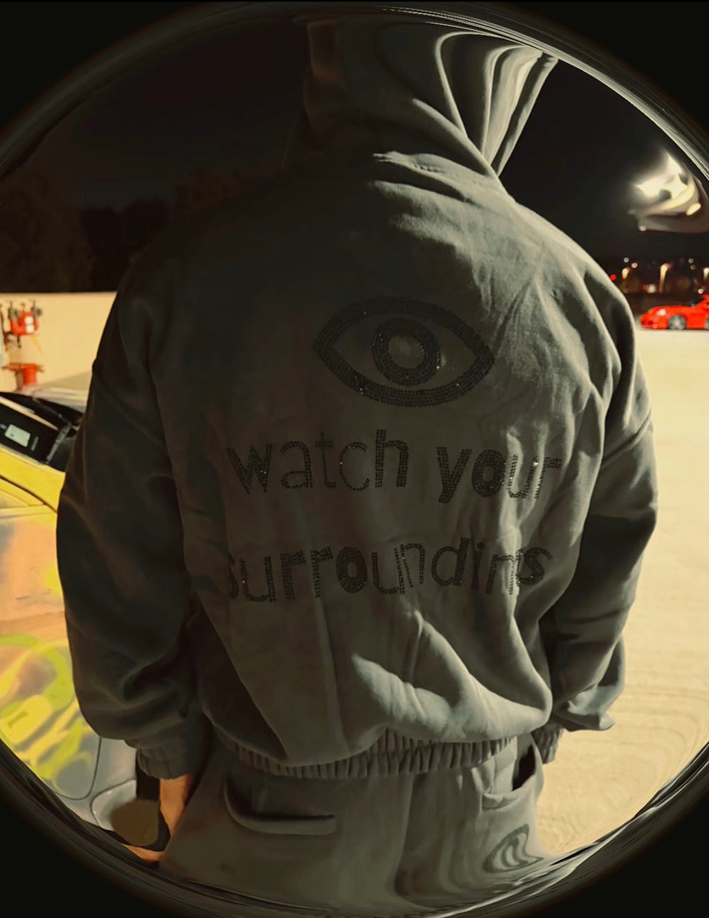 Watch Your Surroundings unisex gray sweatsuit – rhinestone hoodie and matching sweatpants"