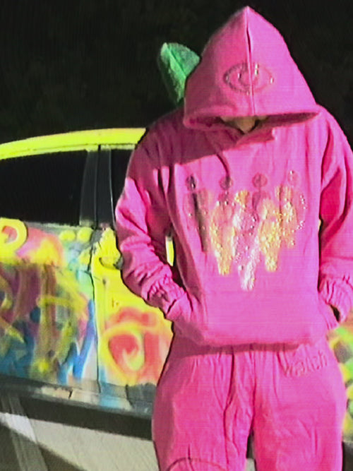 Pink full sweat set with rhinestone hoodie and matching sweatpants – Watch Your Surroundings
